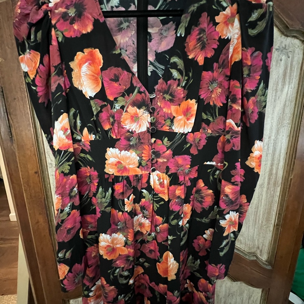 The Kooples Pink and Orange V-Neck Puff Sleeve Dress